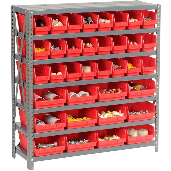 Global Industrial Steel Shelving with Total 36 4inH Plastic Shelf Bins Red, 36x18x39-7 Shelves 603436RD - main